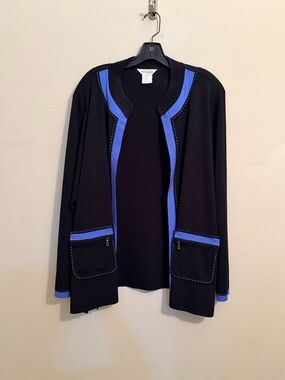 Misook Women’s 3X Black Knit Jacket Cardigan Blue Trim Shoulder Pads
